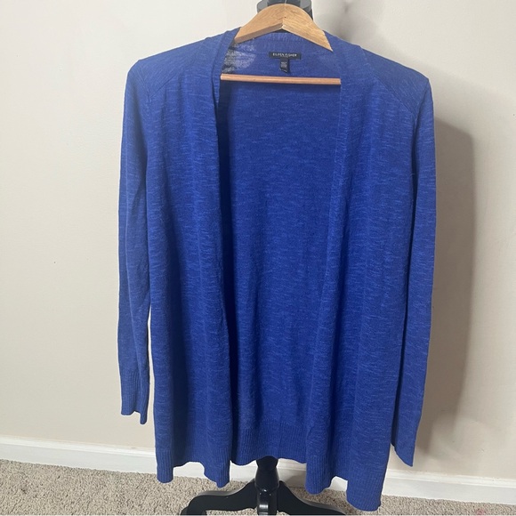Eileen Fisher Blue Open Front Organic Linen Cotton Knit Cardigan Sweater Sz LP - Picture 2 of 8